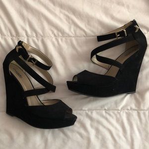 Black peep toe wedges